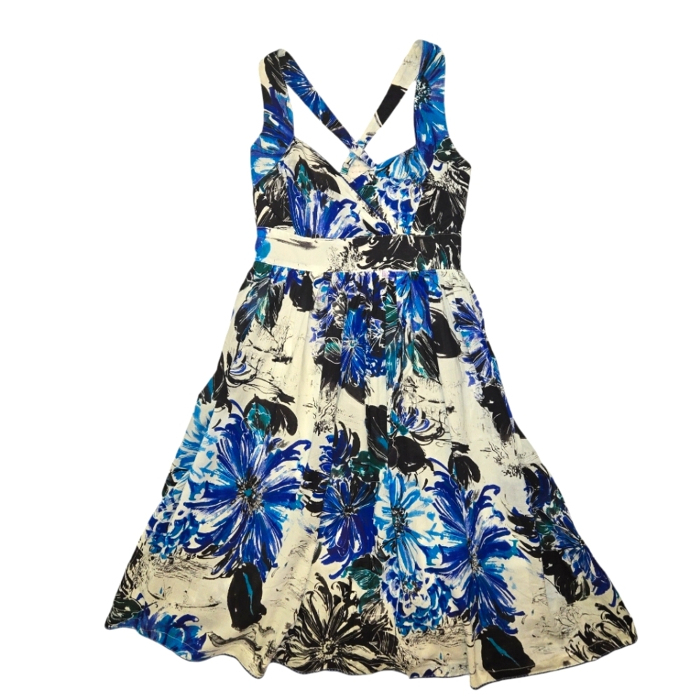 Aryeh Dr-Sun River print Blue Black White Tea Sun dress Criss Cross Strap 82312